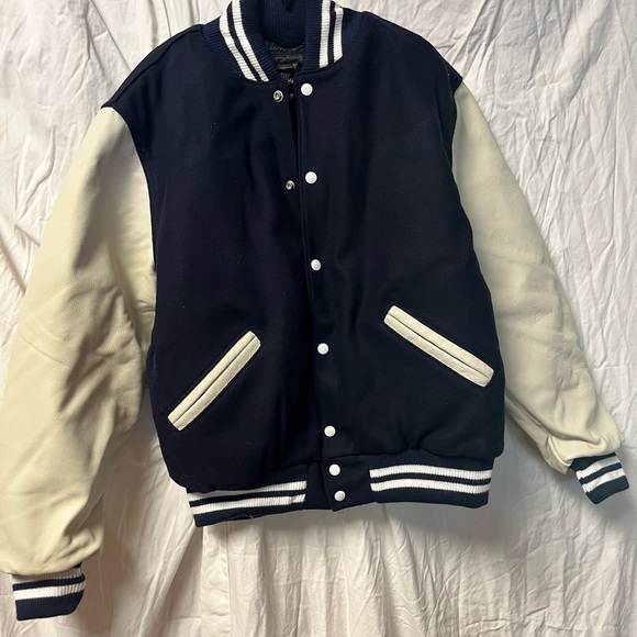 Rennoc Letterman Jacket Vintage Blue And White NEW Med - Picture 2 of 7